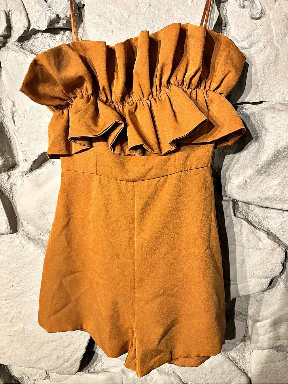 DOBE Ruffle Strapless Romper in Brown Size Small Like New